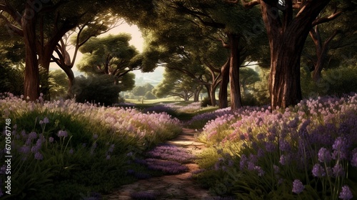 An early morning stroll through a garden of lavender, with a dew-kissed lawn shimmering underfoot. © Ahmad