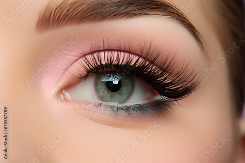 Close up of woman's eye makeup with light pink eye shadow and long fake eye lashes