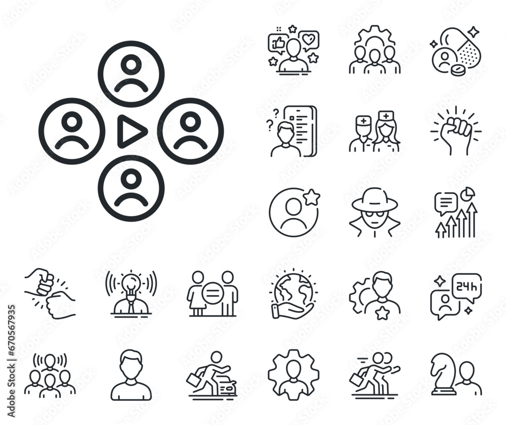 Online meeting sign. Specialist, doctor and job competition outline icons. Video conference line icon. Video teamwork symbol. Video conference line sign. Avatar placeholder, spy headshot icon. Vector