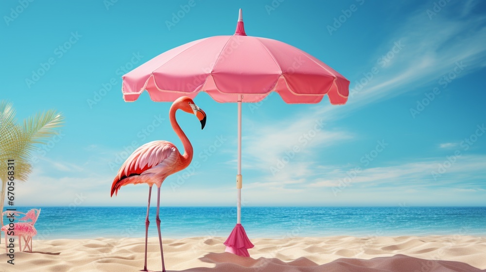 An elegant flamingo standing poised beneath a pink-themed beach umbrella, harmonizing with its vibrant feathers.