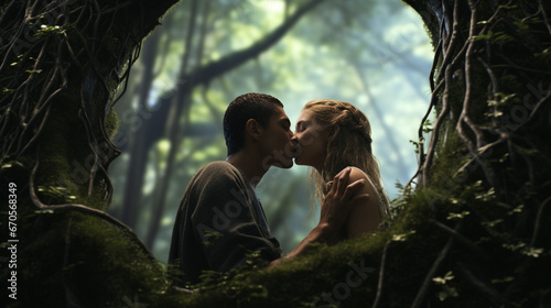 Couple amoureux s'embrassant dans une forêt féérique photo