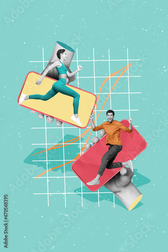 Vertical creative composite abstract photo collage of active positive people running in smartphone displays isolated drawing background