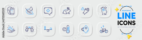Skin care, Balance and Medical chat line icons for web app. Pack of Medical mask, Use gloves, Face biometrics pictogram icons. Social distancing, Animal tested, Stress signs. E-bike. Vector