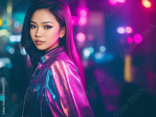candid portrait of a Filipina standing confidently in a bokeh neon background. 