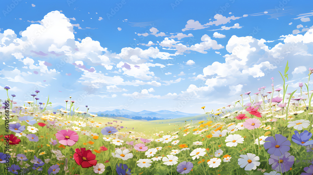 Wildflower field in bloom, anime style, nature background, anime