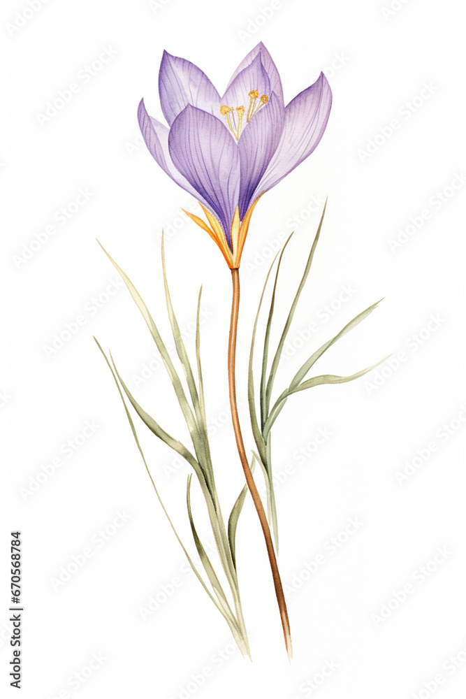 Obraz premium Watercolour Collection { No1 } Organic Saffron Crocus Sativus grown on Saffron Eco Fields. Isolated on White Background. Generative AI.