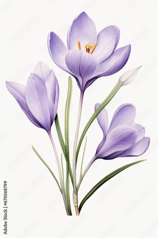 Naklejka premium Watercolour Collection { No1 } Organic Saffron Crocus Sativus grown on Saffron Eco Fields. Isolated on White Background. Generative AI.
