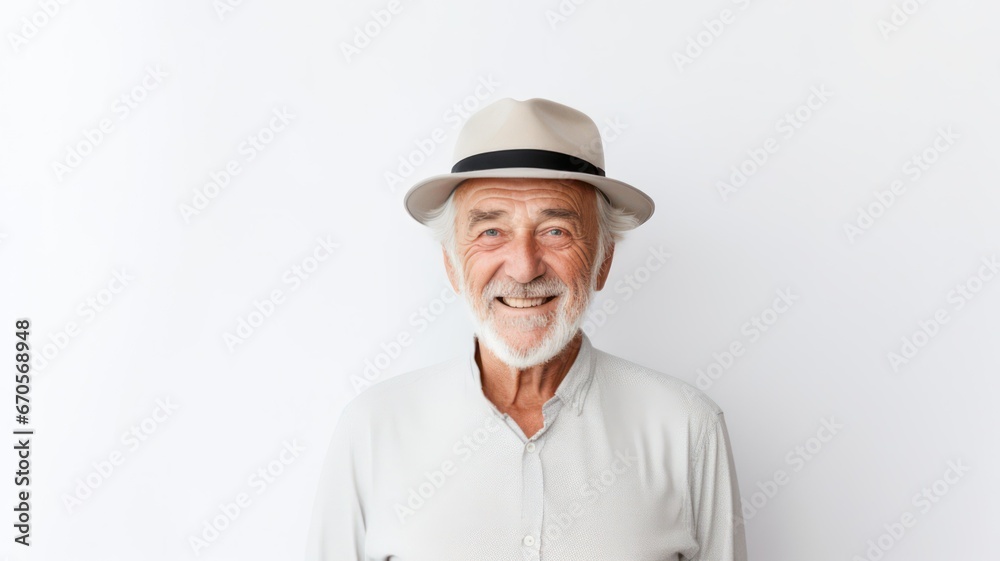 Smiling old grandfather with hat looking into the camera while standing on a light grey background situated in the left corner of the image created with Generative AI