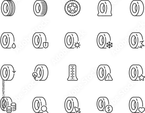 Set of vector line icons related to tires and wheels. Car service, flat tire. Studded tire, winter, summer, all-season tire. Editable stroke. Pixel perfect.