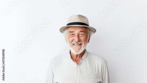 Smiling old grandfather with hat looking into the camera while standing on a light grey background situated in the left corner of the image created with Generative AI