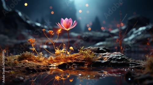 Floral Winter Scene: Leaf and Rock Amidst the Cosmos