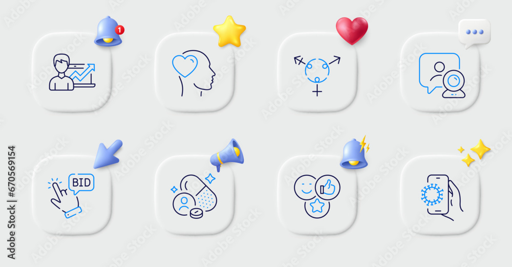 Vitamin, Bid offer and Video conference line icons. Buttons with 3d bell, chat speech, cursor. Pack of Like, Success business, Friend icon. Covid app, Genders pictogram. For web app, printing. Vector