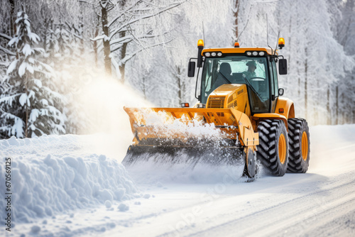 A snowplough working to remove snow from a road after a winter storm. Winter road clearing photo