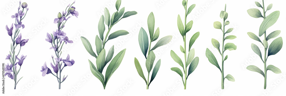 Naklejka premium Watercolour Collection { No1 } Organic Herb Common Sage - Salvia officinalis - grown in Eco Fields. Isolated on White Background. Generative AI.