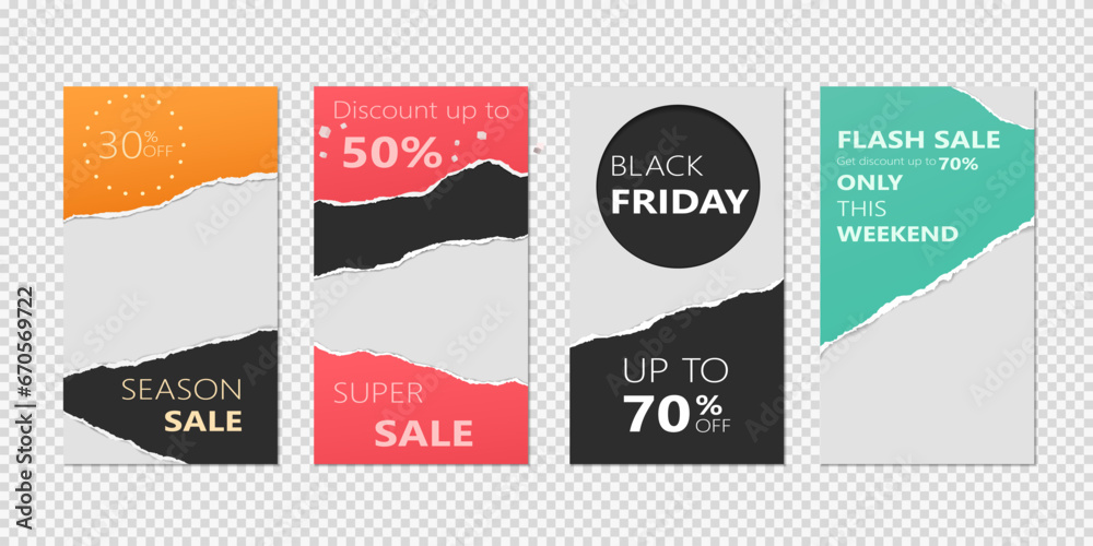 Set of sale, website store banner templates. Banners for online shopping. Editable Instagram Stories template with torn paper.