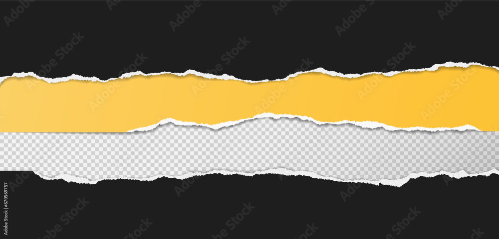 Torn, ripped black and yellow paper strips with soft shadow are on squared background for text. Vector illustration