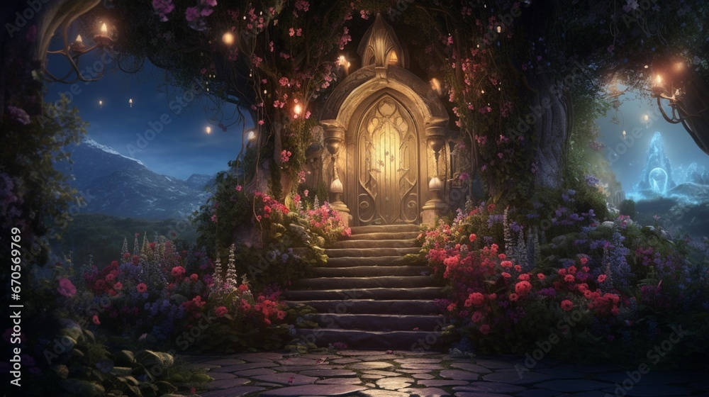 An ethereal scene at twilight, with fireflies illuminating a heart-shaped door surrounded by blooming roses in the garden.