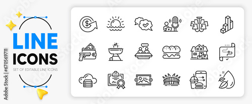 Home moving, Sunset and Burger line icons set for app include Podcast, Certificate, Armed robbery outline thin icon. Approved, Target path, Food order pictogram icon. Cloud server. Vector