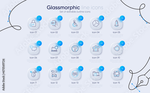 Set of Fast recovery, Disability and Question mark line icons for web app. Bid offer, Car charge, Time management icons. Lock, Currency rate, Computer security signs. Dirty water. Vector