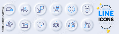 Food delivery, Shield and Yummy smile line icons for web app. Pack of Inflation, Atom, Launch project pictogram icons. Face id, Swipe up, Headset signs. Notebook service, Smile, Online tax. Vector