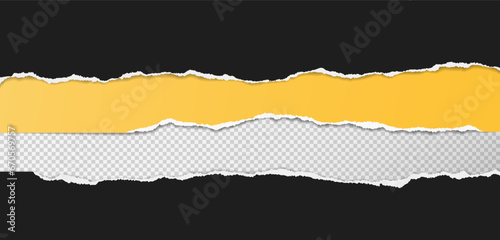 Torn, ripped black and yellow paper strips with soft shadow are on squared background for text. Vector illustration