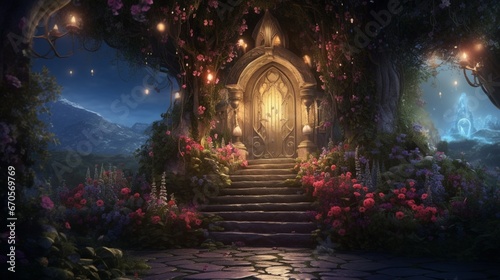 An ethereal scene at twilight, with fireflies illuminating a heart-shaped door surrounded by blooming roses in the garden. © Ahmad