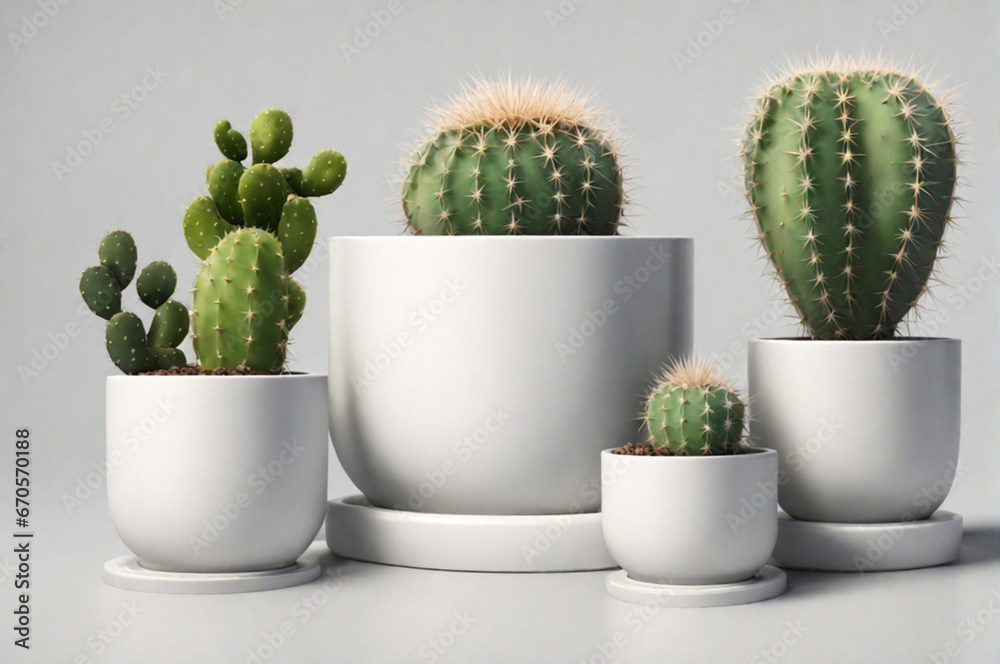 Mixed cacti and succulents in pots. White background. Generative AI Mixed cacti and succulents in pots. White background. Generative AI