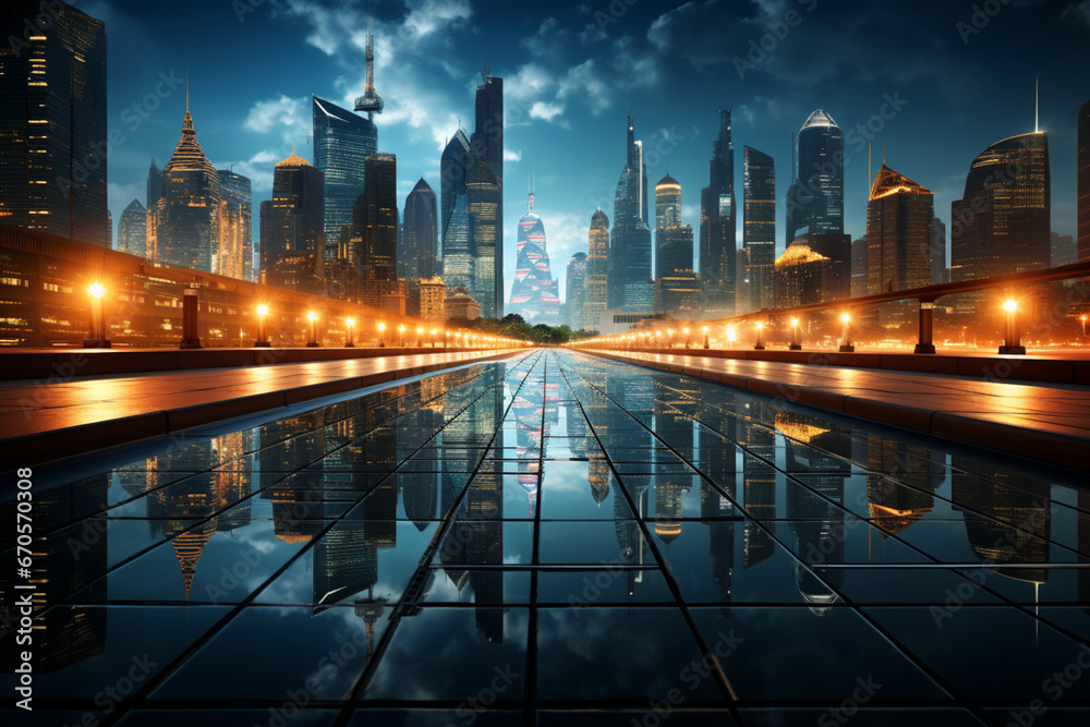Fototapeta premium Futuristic Cityscape at Night - Generative AI