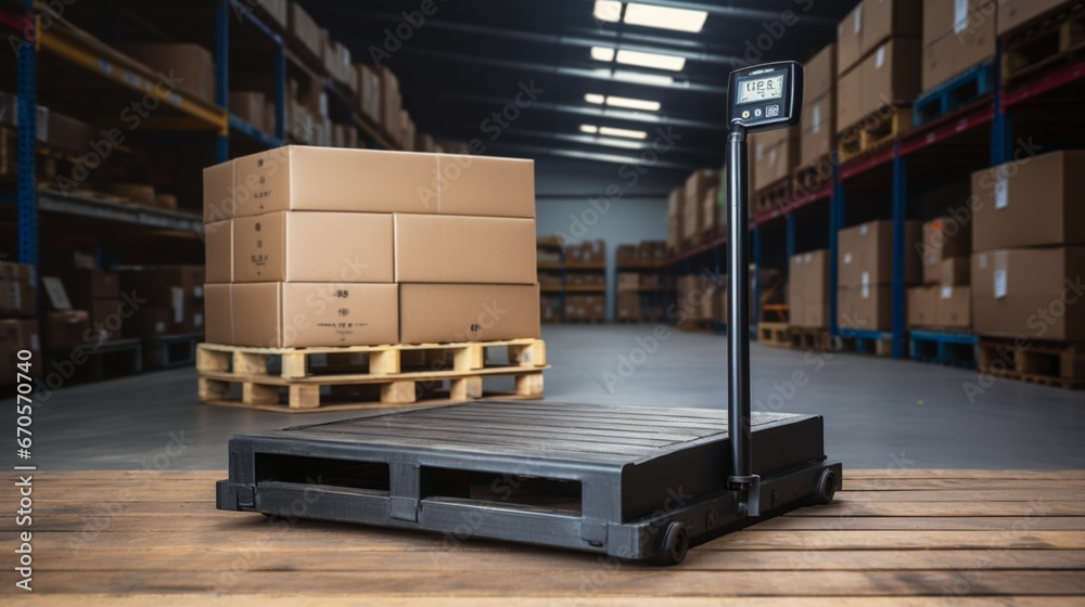 An industrial heavy-duty platform scale, situated in a warehouse, ready to weigh large cargo boxes being moved by a forklift in the background. - obrazy, fototapety, plakaty 