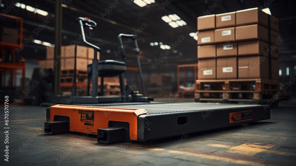 An industrial heavyduty platform scale, situated in a warehouse, ready