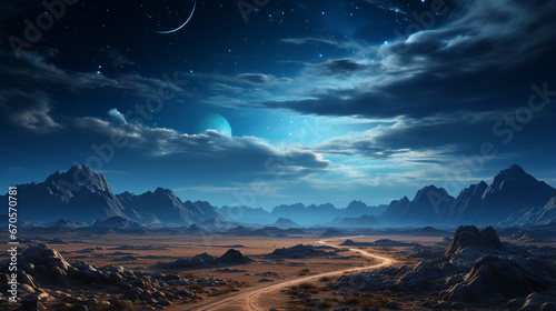 Scenic view of sandy desert under starry sky in night. generative ai