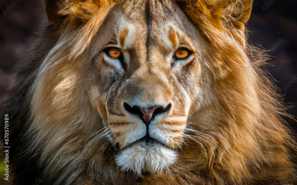 Portrait of a beautiful lion, a lion in the dark.