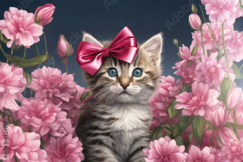 Cute kitten with a bow among pink flowers