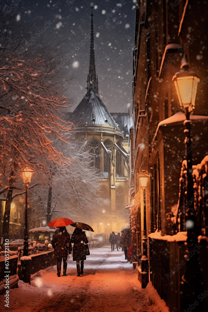 Couple in a street in Paris under the snow in winter at night, Notre-Dame cathedrale in the background, Christmas in Paris illustration imagined by AI