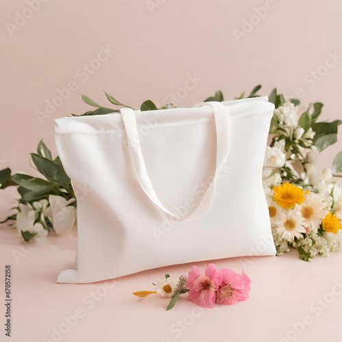 Plain white bag with no pattern The background is decorated with flowers.