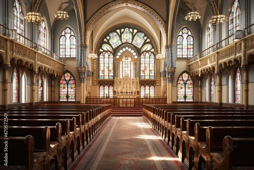 Divine Sanctuary  Interior of a Grand Jewish Synagogue with Stained Glass Windows