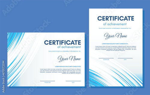 Blue certificate of achievement template with wave abstract