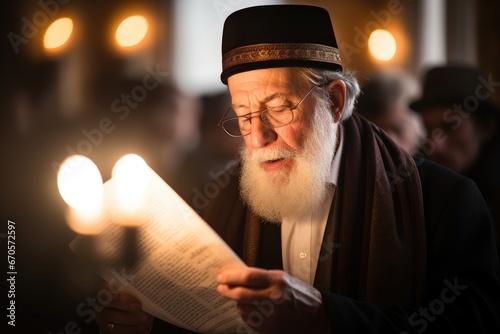 Spiritual Devotion: Rabbi Engrossed in Torah Reading in a Synagogue