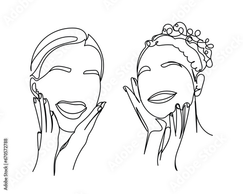 Happy young women wear white bathrobes towels on head make cucumber facial skin care mask on eyes relaxing together,smiling girls friends having fun on spa beauty salon party, Continuous line art.girl