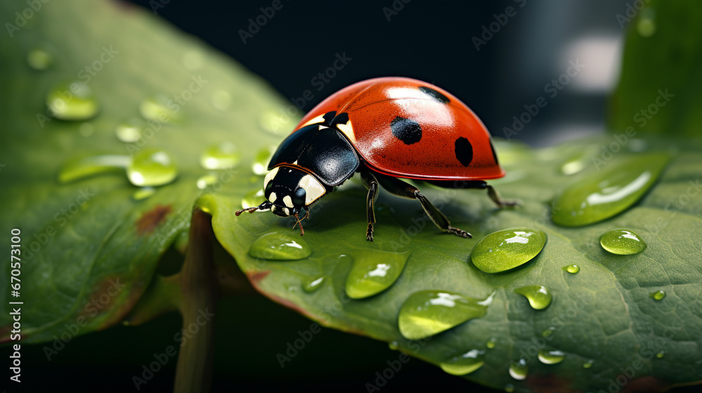 A ladybug on a green leaf