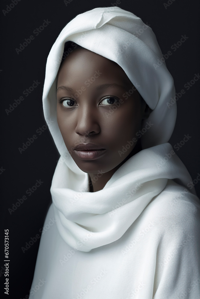 A Moment of Serenity: A woman in a White Headscarf Against a Dark Backdrop, ai generative A Moment of Serenity: A woman in a White Headscarf Against a Dark Backdrop, ai generative