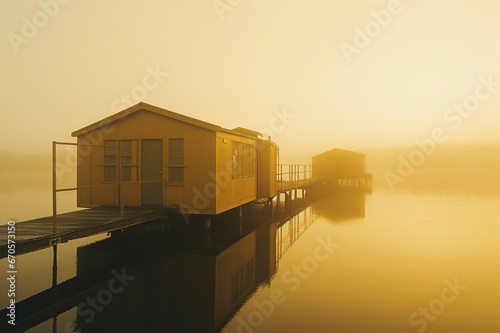 Serene Morning on a Foggy Lake: A Wooden Cabin Floats in Tranquility. ai generative © larrui