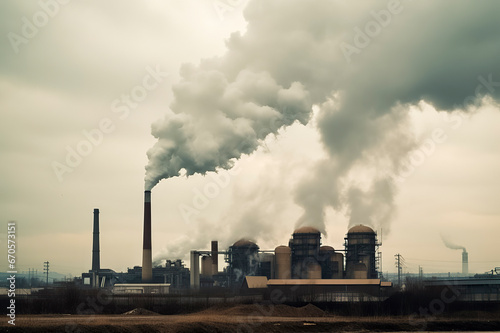 Industrial Powerhouse: Smoke Billowing from a Power Plant Amidst Cityscape, ai generative