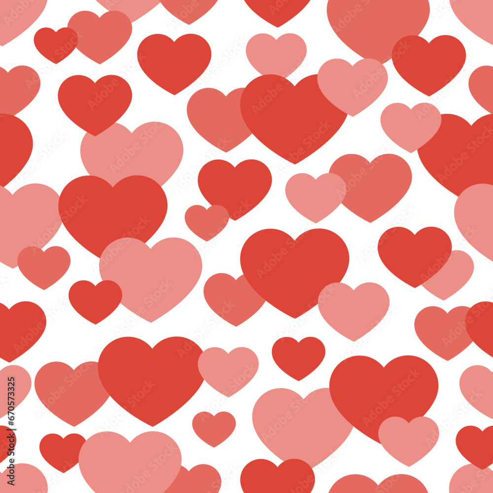 Simple heart shape seamless pattern. Red and pink different size hearts background. Endless love sign wrapping paper. Textile sample, design for wedding invitations, marriage posters, valentine cards.