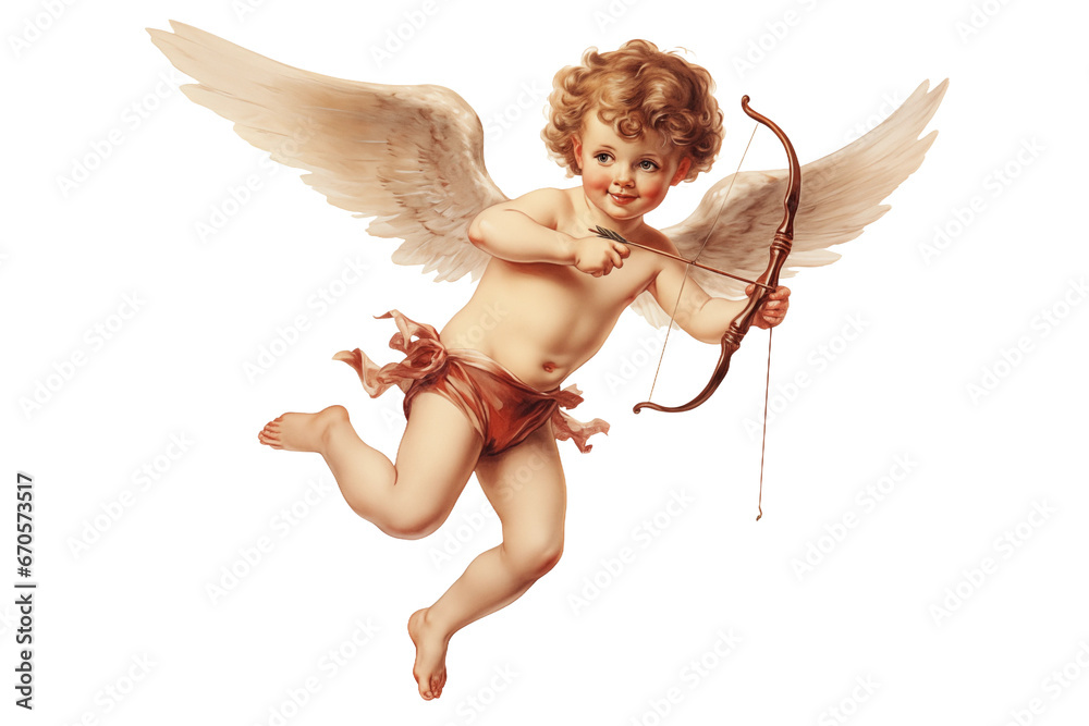 Fototapeta premium vintage romantic illustration of a cherub or cupid with bow and arrow isolated on a transparent background, generative ai
