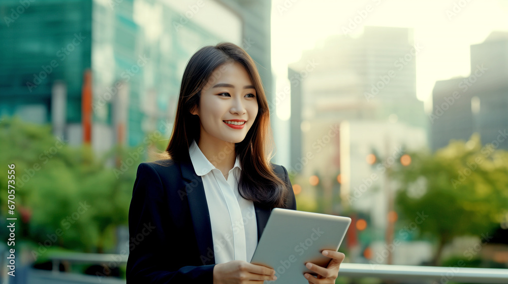 YOUNG HAPPY ASIAN WOMAN WITH TABLET IN THE CITY. legal AI
