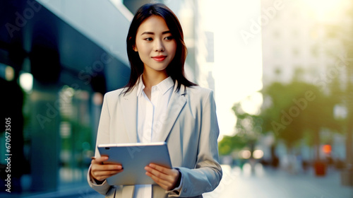 YOUNG HAPPY ASIAN WOMAN WITH TABLET IN THE CITY. legal AI 