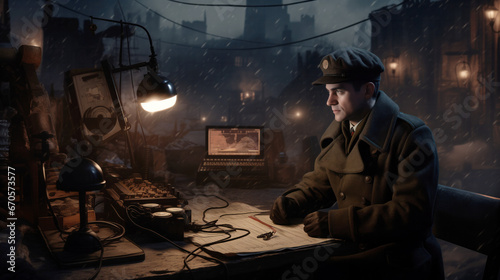 A World War II war investigator seated in front of a large radio machine