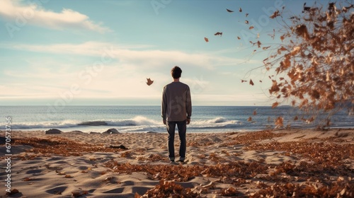 A man on the shore of a lake or the sea looks longingly into the distance