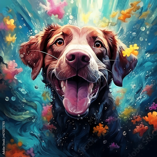 A Painting Colorful Dog Animals Under the Sea Water beautiful background